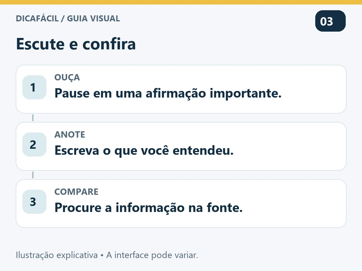 Método de conferência: ouvir um trecho, anotar uma afirmação e comparar com o documento original.
