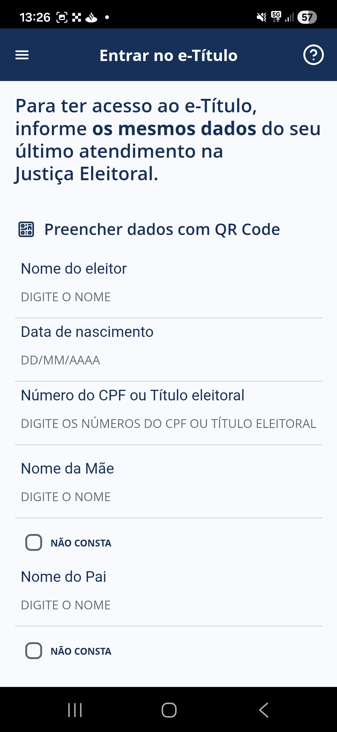 Campos oficiais de dados pessoais para entrar no e-Título