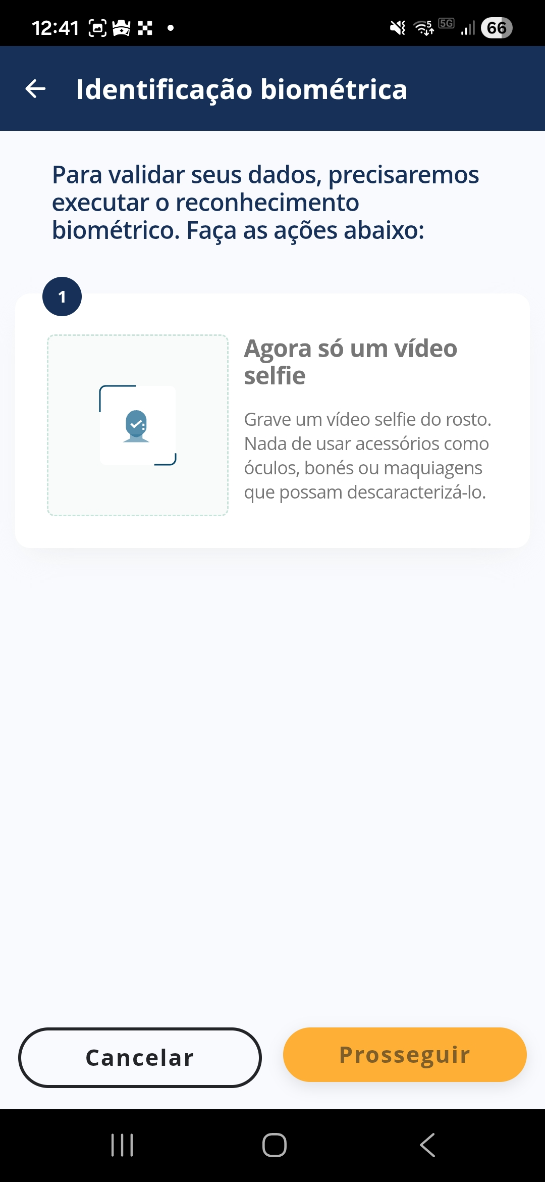 Tela oficial Identificação biométrica antes do vídeo selfie