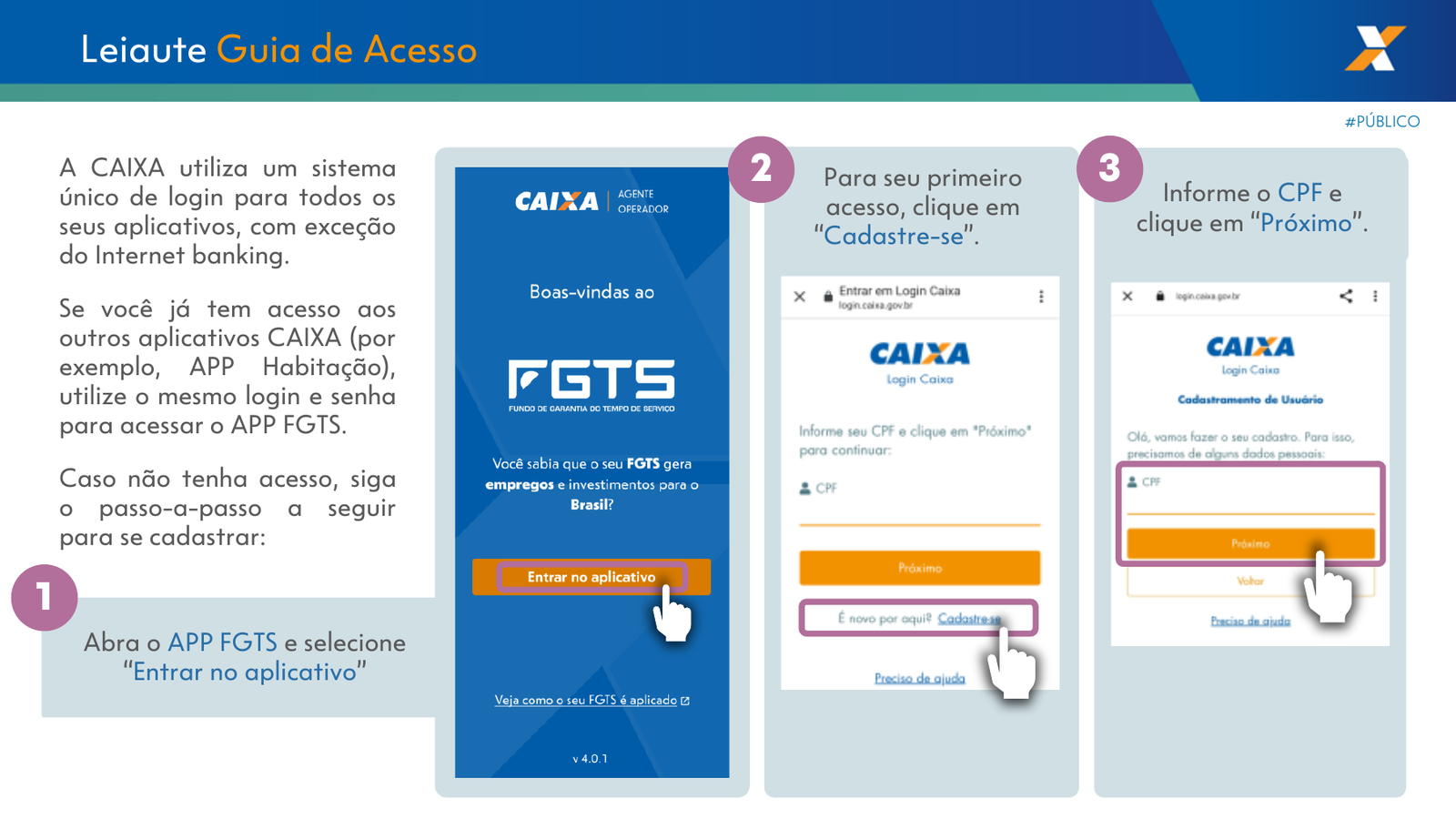Página integral do guia oficial da CAIXA sobre Entrar no aplicativo e Cadastre-se
