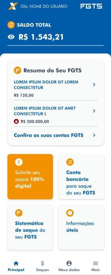 Exemplo fictício de saldo e dos atalhos do aplicativo FGTS, publicado pela CAIXA