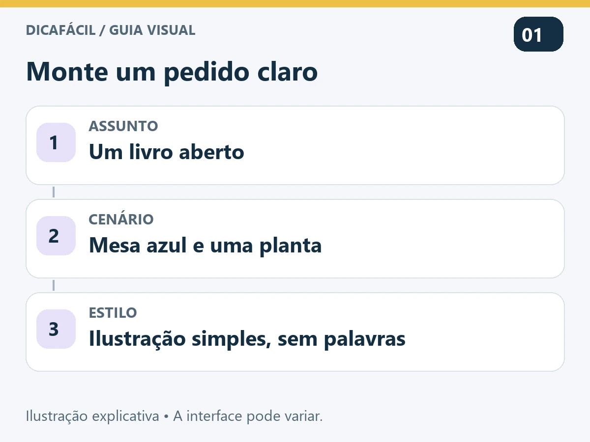 Pedido dividido em assunto: livro; cenário: mesa com planta; estilo: ilustração; limite: sem palavras.