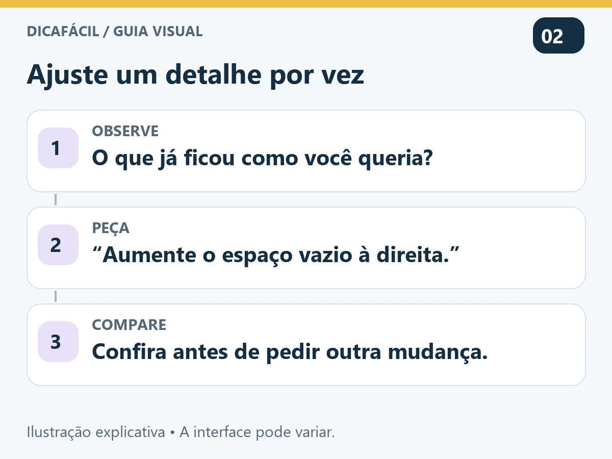 Guia para observar o resultado, pedir mais espaço à direita e comparar uma mudança por vez.
