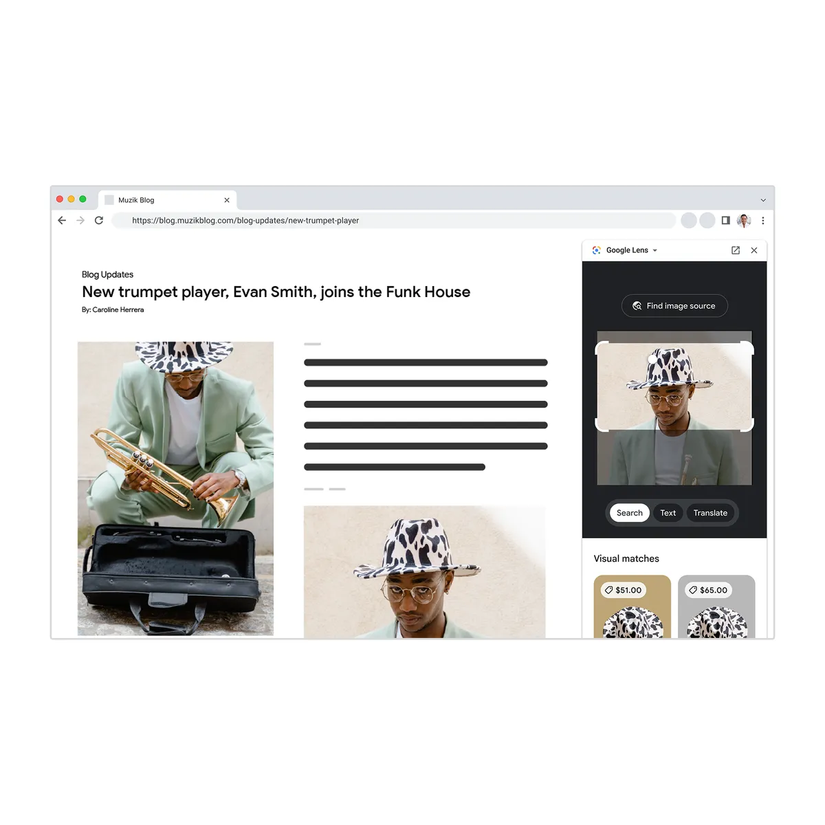 Exemplo oficial do Google Lens: seleção de um chapéu e resultados no painel lateral