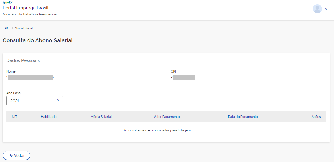 Consulta oficial do Abono Salarial no Portal Emprega Brasil, em exemplo de versão antiga