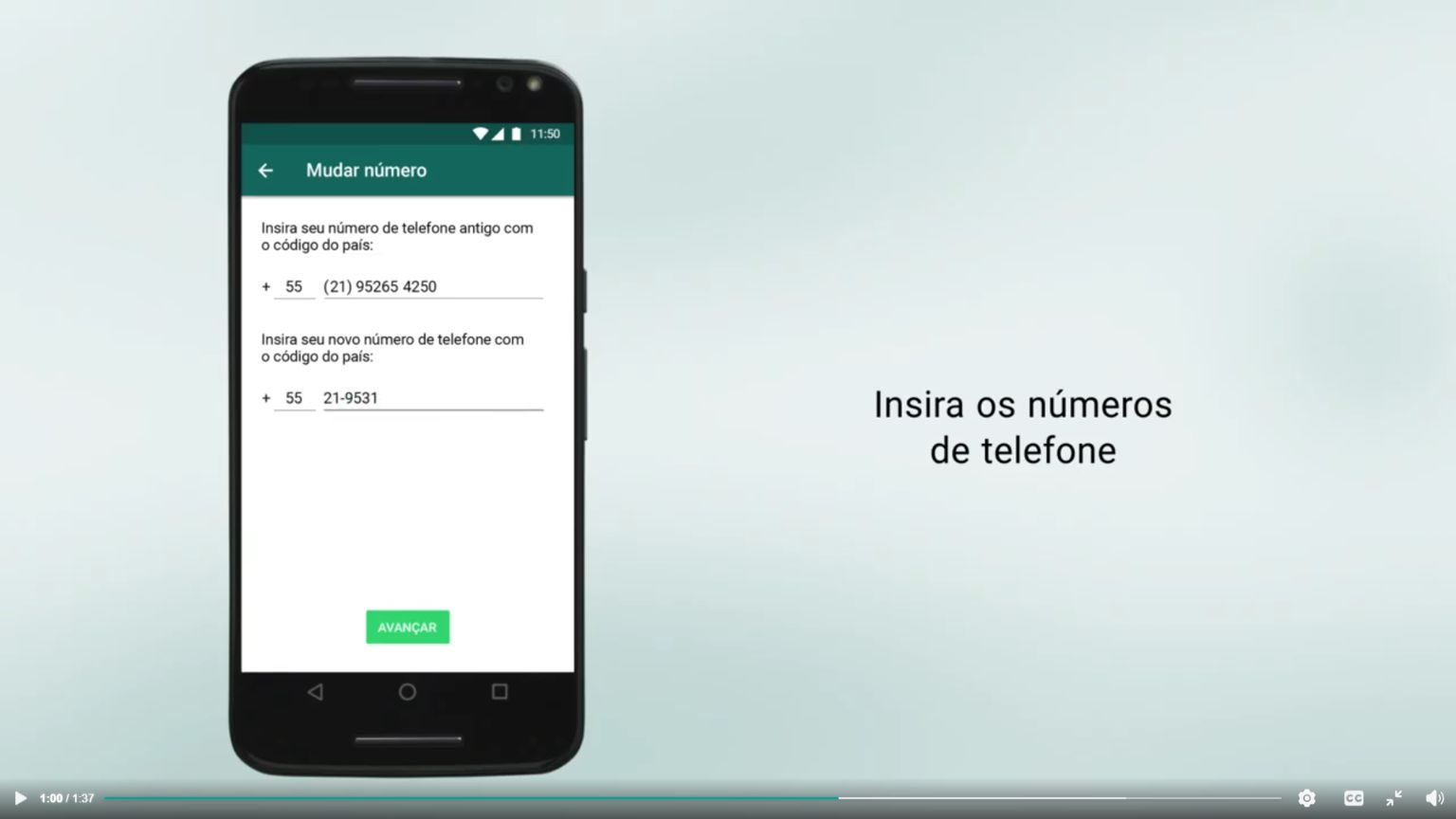 Vídeo oficial com os campos do número antigo e novo no Android
